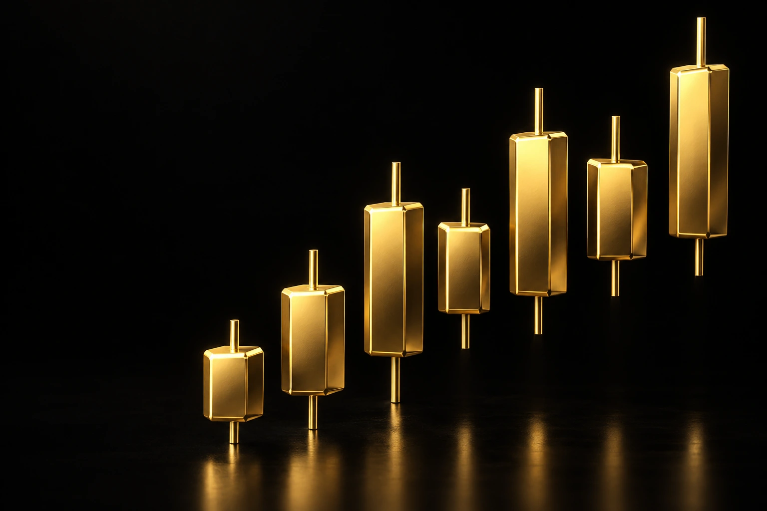 Gold trading candlesticks on a black studio background.